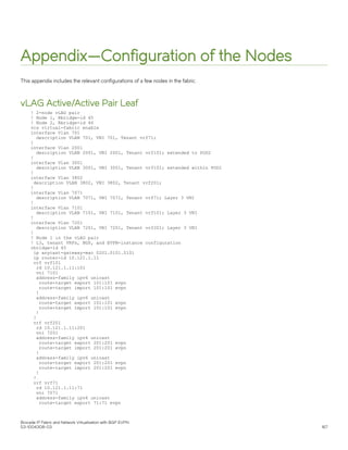 Appendix—Configuration of the Nodes
This appendix includes the relevant configurations of a few nodes in the fabric.
vLAG Active/Active Pair Leaf
! 2-node vLAG pair
! Node 1, Rbridge-id 45
! Node 2, Rbridge-id 46
vcs virtual-fabric enable
interface Vlan 701
description VLAN 701, VNI 701, Tenant vrf71;
!
interface Vlan 2001
description VLAN 2001, VNI 2001, Tenant vrf101; extended to POD2
!
interface Vlan 3001
description VLAN 3001, VNI 3001, Tenant vrf101; extended within POD1
!
interface Vlan 3802
description VLAN 3802, VNI 3802, Tenant vrf201;
!
interface Vlan 7071
description VLAN 7071, VNI 7071, Tenant vrf71; Layer 3 VNI
!
interface Vlan 7101
description VLAN 7101, VNI 7101, Tenant vrf101; Layer 3 VNI
!
interface Vlan 7201
description VLAN 7201, VNI 7201, Tenant vrf201; Layer 3 VNI
!
! Node 1 in the vLAG pair
! L3, tenant VRFs, BGP, and EVPN-instance configuration
rbridge-id 45
ip anycast-gateway-mac 0201.0101.0101
ip router-id 10.121.1.11
vrf vrf101
rd 10.121.1.11:101
vni 7101
address-family ipv4 unicast
route-target export 101:101 evpn
route-target import 101:101 evpn
!
address-family ipv6 unicast
route-target export 101:101 evpn
route-target import 101:101 evpn
!
!
vrf vrf201
rd 10.121.1.11:201
vni 7201
address-family ipv4 unicast
route-target export 201:201 evpn
route-target import 201:201 evpn
!
address-family ipv6 unicast
route-target export 201:201 evpn
route-target import 201:201 evpn
!
!
vrf vrf71
rd 10.121.1.11:71
vni 7071
address-family ipv4 unicast
route-target export 71:71 evpn
Brocade IP Fabric and Network Virtualization with BGP EVPN
53-1004308-03 167
 