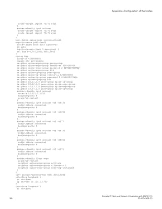 route-target import 71:71 evpn
!
address-family ipv6 unicast
route-target export 71:71 evpn
route-target import 71:71 evpn
!
!
host-table aging-mode conversational
evpn-instance pod1-leaf1
route-target both auto ignore-as
rd auto
duplicate-mac-timer 5 max-count 3
vni add 4-6,701,2001,3001,3802
!
router bgp
local-as 4200000001
capability as4-enable
neighbor spine-evpn-group peer-group
neighbor spine-evpn-group remote-as 4200000000
neighbor spine-evpn-group password 2 $PVNHITJVPWQ=
neighbor spine-evpn-group bfd
neighbor spine-ip-group peer-group
neighbor spine-ip-group remote-as 4200000000
neighbor spine-ip-group password 2 $PVNHITJVPWQ=
neighbor spine-ip-group bfd
neighbor 10.11.1.0 peer-group spine-ip-group
neighbor 10.12.1.0 peer-group spine-evpn-group
neighbor 10.13.1.0 peer-group spine-evpn-group
neighbor 10.14.1.0 peer-group spine-ip-group
address-family ipv4 unicast
network 10.121.1.1/32
maximum-paths 8
graceful-restart
!
address-family ipv4 unicast vrf vrf101
redistribute connected
maximum-paths 8
!
address-family ipv4 unicast vrf vrf201
redistribute connected
maximum-paths 8
!
address-family ipv4 unicast vrf vrf71
redistribute connected
maximum-paths 8
!
address-family ipv6 unicast vrf vrf101
redistribute connected
maximum-paths 8
!
address-family ipv6 unicast vrf vrf201
redistribute connected
maximum-paths 8
!
address-family ipv6 unicast vrf vrf71
redistribute connected
maximum-paths 8
!
address-family l2vpn evpn
graceful-restart
neighbor spine-evpn-group activate
neighbor spine-evpn-group allowas-in 1
neighbor spine-evpn-group next-hop-unchanged
!
!
ipv6 anycast-gateway-mac 0201.0102.0202
interface Loopback 1
no shutdown
ip address 10.121.1.1/32
!
interface Loopback 2
no shutdown
Appendix—Configuration of the Nodes
Brocade IP Fabric and Network Virtualization with BGP EVPN
168 53-1004308-03
 