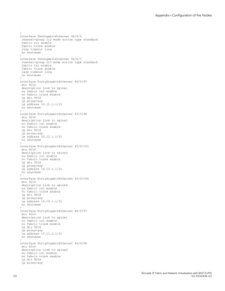 !
interface TenGigabitEthernet 46/0/6
channel-group 112 mode active type standard
fabric isl enable
fabric trunk enable
lacp timeout long
no shutdown
!
interface TenGigabitEthernet 46/0/7
channel-group 113 mode active type standard
fabric isl enable
fabric trunk enable
lacp timeout long
no shutdown
!
interface FortyGigabitEthernet 45/0/97
mtu 9216
description Link to spine1
no fabric isl enable
no fabric trunk enable
ip mtu 9018
ip proxy-arp
ip address 10.11.1.1/31
no shutdown
!
interface FortyGigabitEthernet 45/0/98
mtu 9216
description Link to spine2
no fabric isl enable
no fabric trunk enable
ip mtu 9018
ip proxy-arp
ip address 10.12.1.1/31
no shutdown
!
interface FortyGigabitEthernet 45/0/103
mtu 9216
description Link to spine3
no fabric isl enable
no fabric trunk enable
ip mtu 9018
ip proxy-arp
ip address 10.13.1.1/31
no shutdown
!
interface FortyGigabitEthernet 45/0/104
mtu 9216
description Link to spine4
no fabric isl enable
no fabric trunk enable
ip mtu 9018
ip proxy-arp
ip address 10.14.1.1/31
no shutdown
!
interface FortyGigabitEthernet 46/0/97
mtu 9216
description Link to spine1
no fabric isl enable
no fabric trunk enable
ip mtu 9018
ip proxy-arp
ip address 10.11.2.1/31
no shutdown
!
interface FortyGigabitEthernet 46/0/98
mtu 9216
description Link to spine2
no fabric isl enable
no fabric trunk enable
ip mtu 9018
ip proxy-arp
Appendix—Configuration of the Nodes
Brocade IP Fabric and Network Virtualization with BGP EVPN
172 53-1004308-03
 