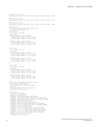 interface Vlan 7109
description VLAN 7109, VNI 7109, Tenant vrf109; Layer 3 VNI
!
interface Vlan 7111
description VLAN 7111, VNI 7111, Tenant vrf111; Layer 3 VNI
!
interface Vlan 7201
description VLAN 7201, VNI 7201, Tenant vrf201; Layer 3 VNI
!
rbridge-id 51
ip anycast-gateway-mac 0201.0101.0101
ip router-id 10.121.1.51
vrf vrf109
rd 10.121.1.51:109
vni 7109
address-family ipv4 unicast
route-target export 109:109 evpn
route-target import 109:109 evpn
!
address-family ipv6 unicast
route-target export 109:109 evpn
route-target import 109:109 evpn
!
!
vrf vrf111
rd 10.121.1.51:111
vni 7111
address-family ipv4 unicast
route-target export 111:111 evpn
route-target import 111:111 evpn
!
address-family ipv6 unicast
route-target export 111:111 evpn
route-target import 111:111 evpn
!
!
vrf vrf201
rd 10.121.1.51:201
vni 7201
address-family ipv4 unicast
route-target export 201:201 evpn
route-target import 201:201 evpn
!
address-family ipv6 unicast
route-target export 201:201 evpn
route-target import 201:201 evpn
!
!
host-table aging-mode conversational
evpn-instance pod1-leaf5
route-target both auto ignore-as
rd auto
duplicate-mac-timer 5 max-count 3
vni add 1101,2401,3001
!
router bgp
local-as 4200000005
capability as4-enable
neighbor spine-evpn-group peer-group
neighbor spine-evpn-group remote-as 4200000000
neighbor spine-evpn-group password 2 $PVNHITJVPWQ=
neighbor spine-evpn-group bfd
neighbor spine-ip-group peer-group
neighbor spine-ip-group remote-as 4200000000
neighbor spine-ip-group password 2 $PVNHITJVPWQ=
neighbor spine-ip-group bfd
neighbor 10.11.7.0 peer-group spine-ip-group
neighbor 10.12.7.0 peer-group spine-evpn-group
neighbor 10.13.7.0 peer-group spine-evpn-group
neighbor 10.14.7.0 peer-group spine-ip-group
address-family ipv4 unicast
network 10.121.1.5/32
Appendix—Configuration of the Nodes
Brocade IP Fabric and Network Virtualization with BGP EVPN
174 53-1004308-03
 