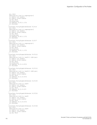 mtu 9216
description Link to superspine-3
no fabric isl enable
no fabric trunk enable
ip mtu 9018
ip proxy-arp
ip address 10.43.1.1/31
no shutdown
!
interface FortyGigabitEthernet 41/0/6
mtu 9216
description Link to superspine-2
no fabric isl enable
no fabric trunk enable
ip mtu 9018
ip proxy-arp
ip address 10.42.1.1/31
no shutdown
!
interface FortyGigabitEthernet 41/0/7
mtu 9216
description Link to superspine-1
no fabric isl enable
no fabric trunk enable
ip mtu 9018
ip proxy-arp
ip address 10.41.1.1/31
no shutdown
!
interface FortyGigabitEthernet 41/0/10
mtu 9216
description Link to leaf2-1 vLAG pair
no fabric isl enable
no fabric trunk enable
ip mtu 9018
ip proxy-arp
ip address 10.11.3.0/31
no shutdown
!
interface FortyGigabitEthernet 41/0/12
mtu 9216
description Link to leaf2-1 vLAG pair
no fabric isl enable
no fabric trunk enable
ip mtu 9018
ip address 10.11.4.0/31
no shutdown
!
interface FortyGigabitEthernet 41/0/20
mtu 9216
description Link to leaf3
no fabric isl enable
no fabric trunk enable
ip mtu 9018
ip address 10.11.5.0/3
no shutdown
!
interface FortyGigabitEthernet 41/0/22
mtu 9216
description Link to leaf4
no fabric isl enable
no fabric trunk enable
ip mtu 9018
ip address 10.11.6.0/31
no shutdown
!
interface FortyGigabitEthernet 41/0/28
mtu 9216
description Link to leaf5
no fabric isl enable
no fabric trunk enable
ip mtu 9018
Appendix—Configuration of the Nodes
Brocade IP Fabric and Network Virtualization with BGP EVPN
178 53-1004308-03
 