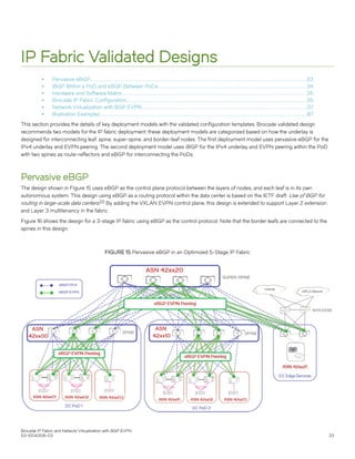 IP Fabric Validated Designs
∙ Pervasive eBGP.................................................................................................................................................................................................................33
∙ iBGP Within a PoD and eBGP Between PoDs...............................................................................................................................................34
∙ Hardware and Software Matrix..................................................................................................................................................................................35
∙ Brocade IP Fabric Configuration..............................................................................................................................................................................35
∙ Network Virtualization with BGP EVPN................................................................................................................................................................57
∙ Illustration Examples........................................................................................................................................................................................................87
This section provides the details of key deployment models with the validated configuration templates. Brocade validated design
recommends two models for the IP fabric deployment; these deployment models are categorized based on how the underlay is
designed for interconnecting leaf, spine, super-spine, and border-leaf nodes. The first deployment model uses pervasive eBGP for the
IPv4 underlay and EVPN peering. The second deployment model uses iBGP for the IPv4 underlay and EVPN peering within the PoD
with two spines as route-reflectors and eBGP for interconnecting the PoDs.
Pervasive eBGP
The design shown in Figure 15 uses eBGP as the control plane protocol between the layers of nodes, and each leaf is in its own
autonomous system. This design using eBGP as a routing protocol within the data center is based on the IETF draft: Use of BGP for
routing in large-scale data centers.[2] By adding the VXLAN EVPN control plane, this design is extended to support Layer 2 extension
and Layer 3 multitenancy in the fabric.
Figure 16 shows the design for a 3-stage IP fabric using eBGP as the control protocol. Note that the border leafs are connected to the
spines in this design.
FIGURE 15 Pervasive eBGP in an Optimized 5-Stage IP Fabric
Brocade IP Fabric and Network Virtualization with BGP EVPN
53-1004308-03 33
 