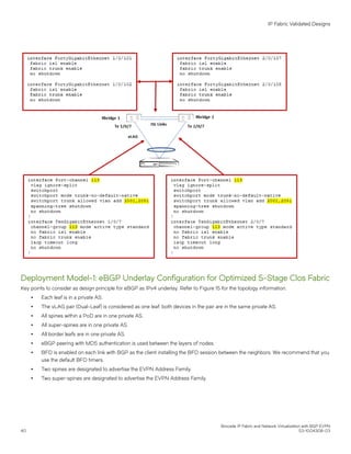 Deployment Model-1: eBGP Underlay Configuration for Optimized 5-Stage Clos Fabric
Key points to consider as design principle for eBGP as IPv4 underlay. Refer to Figure 15 for the topology information.
∙ Each leaf is in a private AS.
∙ The vLAG pair (Dual-Leaf) is considered as one leaf; both devices in the pair are in the same private AS.
∙ All spines within a PoD are in one private AS.
∙ All super-spines are in one private AS.
∙ All border leafs are in one private AS.
∙ eBGP peering with MD5 authentication is used between the layers of nodes.
∙ BFD is enabled on each link with BGP as the client installing the BFD session between the neighbors. We recommend that you
use the default BFD timers.
∙ Two spines are designated to advertise the EVPN Address Family.
∙ Two super-spines are designated to advertise the EVPN Address Family.
IP Fabric Validated Designs
Brocade IP Fabric and Network Virtualization with BGP EVPN
40 53-1004308-03
 