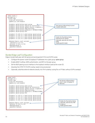 Border/Edge Leaf Configuration
Edge or border leafs peer with the spines and exchange both IPv4 and EVPN routes.
∙ Configure the spines’ router ID loopback IP addresses into a peer group: spine-group.
∙ Enable eBGP multihop, MD5 authentication, and BFD to the peer group.
∙ Set the BGP peering source interface to the loopback interface (used as the router ID).
∙ Advertise the VTEP IP if EVPN overlay needs to be provisioned.
∙ Optionally, advertise external networks directly into IPv4 underlay routing (for an IP fabric without EVPN overlays).
IP Fabric Validated Designs
Brocade IP Fabric and Network Virtualization with BGP EVPN
50 53-1004308-03
 