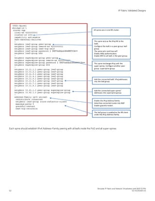 Each spine should establish IPv4 Address-Family peering with all leafs inside the PoD and all super-spines.
IP Fabric Validated Designs
Brocade IP Fabric and Network Virtualization with BGP EVPN
52 53-1004308-03
 