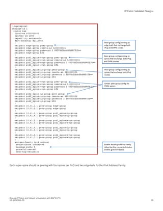 Each super-spine should be peering with four spines per PoD and two edge leafs for the IPv4 Address Family.
IP Fabric Validated Designs
Brocade IP Fabric and Network Virtualization with BGP EVPN
53-1004308-03 55
 