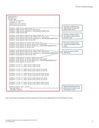 Each super-spine should peer with four spines per PoD and two edge leafs for the IPv4 Address-Family.
IP Fabric Validated Designs
Brocade IP Fabric and Network Virtualization with BGP EVPN
53-1004308-03 79
 