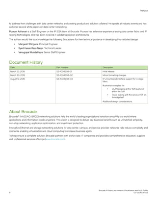to address their challenges with data center networks, and creating product and solution collateral. He speaks at industry events and has
authored several white papers on data center networking.
Poorani Arthanari is a Staff Engineer on the IP SQA team at Brocade. Poorani has extensive experience testing data center fabric and IP
routing technologies. She has been involved in validating solution architectures.
The authors would like to acknowledge the following Brocadians for their technical guidance in developing this validated design:
∙ Mangesh Shingane: Principal Engineer
∙ Syed Hasan Raza Naqvi: Technical Leader
∙ Venugopal Mundathaya: Senior Staff Engineer
Document History
Date Part Number Description
March 23, 2016 53-1004308-01 Initial release.
March 30, 2016 53-1004308-02 Minor formatting changes.
August 12, 2016 53-1004308-03 IP unnumbered interface support for 3-stage
fabric.
Illustration examples for:
∙ VLAN scoping at the ToR level and
within the ToR
∙ Route leaking with the service VRF on
the edge leaf
Additional design considerations.
About Brocade
Brocade® (NASDAQ: BRCD) networking solutions help the world's leading organizations transition smoothly to a world where
applications and information reside anywhere. This vision is designed to deliver key business benefits such as unmatched simplicity,
non-stop networking, application optimization, and investment protection.
Innovative Ethernet and storage networking solutions for data center, campus, and service provider networks help reduce complexity and
cost while enabling virtualization and cloud computing to increase business agility.
To help ensure a complete solution, Brocade partners with world-class IT companies and provides comprehensive education, support,
and professional services offerings (www.brocade.com).
Preface
Brocade IP Fabric and Network Virtualization with BGP EVPN
8 53-1004308-03
 