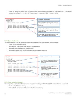 ∙ Enable the "allowas-in 1" feature on vLAG leafs to facilitate learning of the routes between the vLAG peers. This is a requirement
because the vLAG pair is in the same AS. This is the case in the pervasive eBGP model of underlay.
EVPN Spine Configuration
This is applicable only to the two spines designated to exchange the EVPN routes with leafs and super-spines.
∙ Enable the EVPN Address-Family.
∙ Activate EVPN super-spines under the EVPN Address-Family.
∙ Activate all leafs under the EVPN Address-Family.
∙ Act as the route reflector of the EVPN Address-Family to the leafs peer group.
EVPN Super-spine Configuration
This configuration is applicable to the super-spines designated to exchange both IPv4 and EVPN routes with spines in each PoD.
∙ Enable the EVPN Address-Family.
∙ Activate EVPN spines in each PoD under the EVPN Address-Family.
IP Fabric Validated Designs
Brocade IP Fabric and Network Virtualization with BGP EVPN
82 53-1004308-03
 