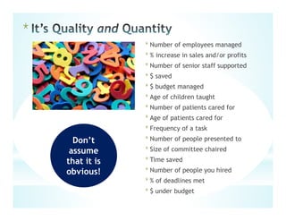 *
*Number of employees managed
*% increase in sales and/or profits
*Number of senior staff supported
*$ saved
*$ budget managed
*Age of children taught
*Number of patients cared for
*Age of patients cared for
*Frequency of a task
*Number of people presented to
*Size of committee chaired
*Time saved
*Number of people you hired
*% of deadlines met
*$ under budget
Don’t
assume
that it is
obvious!
 