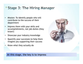 • Mission: To identify people who will
contribute to the success of their
department
• Impress them with your skills and
accomplishments, not job duties (they
know!)
• Showcase your industry knowledge
• Quantify your successes to help them
imagine you supporting their success
• Know what they actually do
At this stage, the key is to impress
*
 