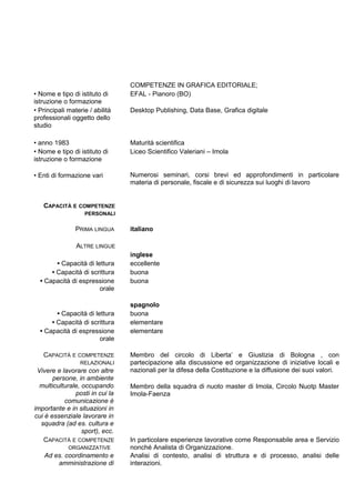 COMPETENZE IN GRAFICA EDITORIALE;
• Nome e tipo di istituto di
istruzione o formazione
EFAL - Pianoro (BO)
• Principali materie / abilità
professionali oggetto dello
studio
Desktop Publishing, Data Base, Grafica digitale
• anno 1983 Maturità scientifica
• Nome e tipo di istituto di
istruzione o formazione
Liceo Scientifico Valeriani – Imola
• Enti di formazione vari Numerosi seminari, corsi brevi ed approfondimenti in particolare
materia di personale, fiscale e di sicurezza sui luoghi di lavoro
CAPACITÀ E COMPETENZE
PERSONALI
PRIMA LINGUA italiano
ALTRE LINGUE
inglese
• Capacità di lettura eccellente
• Capacità di scrittura buona
• Capacità di espressione
orale
buona
spagnolo
• Capacità di lettura buona
• Capacità di scrittura elementare
• Capacità di espressione
orale
elementare
CAPACITÀ E COMPETENZE
RELAZIONALI
Vivere e lavorare con altre
persone, in ambiente
multiculturale, occupando
posti in cui la
comunicazione è
importante e in situazioni in
cui è essenziale lavorare in
squadra (ad es. cultura e
sport), ecc.
Membro del circolo di Liberta’ e Giustizia di Bologna , con
partecipazione alla discussione ed organizzazione di iniziative locali e
nazionali per la difesa della Costituzione e la diffusione dei suoi valori.
Membro della squadra di nuoto master di Imola, Circolo Nuotp Master
Imola-Faenza
CAPACITÀ E COMPETENZE
ORGANIZZATIVE
Ad es. coordinamento e
amministrazione di
In particolare esperienze lavorative come Responsabile area e Servizio
nonché Analista di Organizzazione.
Analisi di contesto, analisi di struttura e di processo, analisi delle
interazioni.
 