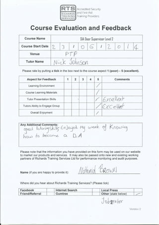 Tutor Feedback forms DS Course 23-26 June 2014