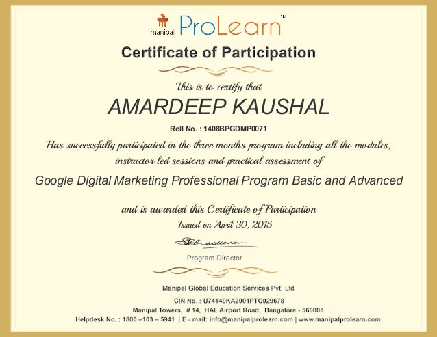 MANIPAL GOOGLE DIGITAL MARKETING CERTIFICATE