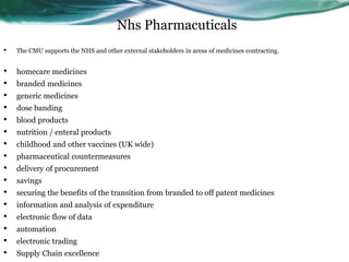 Nhs Pharmacuticals
• The CMU supports the NHS and other external stakeholders in areas of medicines contracting.
• homecare medicines
• branded medicines
• generic medicines
• dose banding
• blood products
• nutrition / enteral products
• childhood and other vaccines (UK wide)
• pharmaceutical countermeasures
• delivery of procurement
• savings
• securing the benefits of the transition from branded to off patent medicines
• information and analysis of expenditure
• electronic flow of data
• automation
• electronic trading
• Supply Chain excellence
 