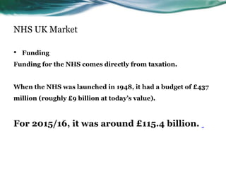 NHS UK Market
• Funding
Funding for the NHS comes directly from taxation.
When the NHS was launched in 1948, it had a budget of £437
million (roughly £9 billion at today’s value).
For 2015/16, it was around £115.4 billion.
 