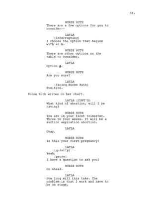 NURSE RUTH
There are a few options for you to
consider--
LAYLA
(interrupting)
I choose the option that begins
with an A.
NURSE RUTH
There are other options on the
table to consider.
LAYLA
Option A.
NURSE RUTH
Are you sure?
LAYLA
(facing Nurse Ruth)
Positive.
Nurse Ruth writes on her chart.
LAYLA (CONT’D)
What kind of abortion, will I be
having?
NURSE RUTH
You are in your first trimester.
Three to four weeks. It will be a
suction aspiration abortion.
LAYLA
Okay.
NURSE RUTH
Is this your first pregnancy?
LAYLA
(quietly)
Yeah.
(pause)
I have a question to ask you?
NURSE RUTH
Go ahead.
LAYLA
How long will this take. The
problem is that I work and have to
be on stage.
59.
 