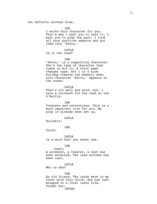 Ian deflects another blow.
IAN
I wrote this character for you.
That’s why I want you to read it. I
want you to play the part. I took
all your positive aspects and put
them into ‘Petra.’
LAYLA
Is it the lead?
IAN
‘Petra,’ is a supporting character.
She’s the type of character that
comes in Act II. A total game
changer type. Act I is a slow
buildup towards the moment; when
your character ‘Petra,’ appears on
the scene.
LAYLA
That’s all well and good, but, I
have a callback for the lead at the
O’Reilly.
IAN
Congrats and salutations. This is a
more important role for you. My
play is already been set up.
LAYLA
Bullshit!
IAN
Truth.
LAYLA
Is a word that you never use.
IAN
(beat)
A producer, a theater, a cast has
been selected. The lead actress has
been cast.
LAYLA
Who is she?
IAN
An old friend. The cards were in my
favor with this chick. She had just
wrapped in a local indie film.
Forget her.
7.
(MORE)
 