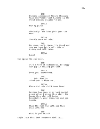 IAN
Fucking actresses! Always thinking
that everything that happens in the
world somehow relates to you.
LAYLA
Why my part?
IAN
Obviously, she knew your part the
best.
LAYLA
There’s more to this.
IAN
No there isn’t. Babe, I’m tired and
you are too. Let’s call this a
night, and talk later.
LAYLA
Babe?
Ian opens his car door.
IAN
It’s a term of endearment. Be happy
any guy is calling you that.
LAYLA
Fuck you, cocksucker.
IAN
(childishly)
Takes one to know one.
LAYLA
Where did this chick come from?
IAN
Melissa has been in my back pocket
since after I wrote this play. She
knows this play off book.
Especially, your character and her
lines.
LAYLA
What the fuck was with all that
shit with me?
IAN
What do you think?
Layla lets that last sentence sink in...
83.
 