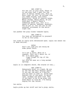 Put her out of your mind. There is
no one else that I want for the
part of Petra; except you. This is
more right for you. An actress like
you comes around, once every
generation. Think of Jessica Lange,
Meryl Streep, Betty Davis, do you
know what I mean?! There's
something about you. Call it a
spark of genius, madness, whatever.
You've got it. You are one of the
greatest actresses in the world
right now.
Ian pushes the play closer towards Layla.
IAN (CONT’D)
You have an obligation to yourself
to be in this play.
Ian looks at Layla with determined eyes. Layla can sense Ian
is dead serious.
LAYLA
Don’t act like you are doing me
some grand favor.
IAN
It’s not a favor. More of a
request. This isn’t about us, or
me. It’s about you.
(taps finger on top of the
play.)
Let this be seen as a long worded
apology.
Layla is in complete shock. She stares at him...
IAN (CONT’D)
Rehearsals start in a week. We are
at the Off The Wall Theater Space.
If you get the part at O’Reilly,
and you want to take it, knock that
bastard out of the park. In which
case, goodbye and good luck. Now,
if you want to be in my play, you
know where to find me. I’m really
hoping for the latter.
Ian exits.
Layla picks up her stuff and Ian’s play; exits.
8.
IAN (CONT'D)
 
