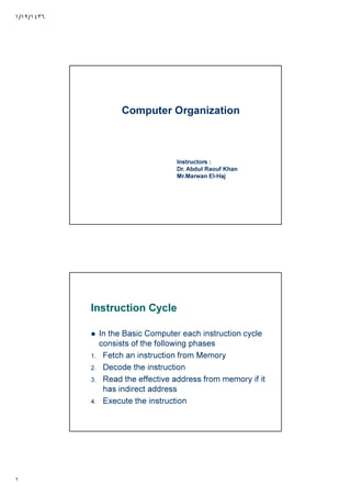 ١/١٢/١٤٣٦
١
Computer Organization
Instructors :
Dr. Abdul Raouf Khan
Mr.Marwan El-Haj
Instruction Cycle
In the Basic Computer each instruction cycle
consists of the following phases
1. Fetch an instruction from Memory
2. Decode the instruction
3. Read the effective address from memory if it
has indirect address
4. Execute the instruction
 