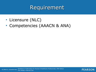 Handbook of Informatics for Nurses & Healthcare Professionals, Fifth Edition
Toni Hebda • Patricia Czar
RequirementRequirement
• Licensure (NLC)
• Competencies (AAACN & ANA)
 