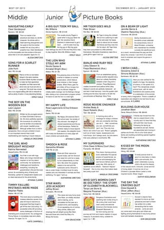 Middle Junior Picture Books
MR TIGER GOES WILD
Peter Brown
Pan Mac. HB. $24.95
Mr Tiger is living the civilised
life but he is yearning to walk
on the wild side! He heads
back to nature but he misses
his friends and they miss him.
On his return, Mr Tiger finds
they have succumbed to a little wildness
themselves. Wonderful illustrations make this a
great gift for ages 3 and up.
- ALEXA DRETZKE
BANJO AND RUBY RED
Libby Gleeson &
Freya Blackwood (illus.)
Egmont. HB. $24.95
From an established pairing
comes another beautiful story
about an unlikely friendship
between a farm dog and a
chicken. Freya Blackwood
creates movement and pathos while Libby
Gleeson’s words are perfectly restrained – art
and text in total harmony. I love the quarter cloth
binding and the story has been a hit with the
pre-schoolers at Readings’ Story Time.
- EMILY GALE
ROSIE REVERE ENGINEER
Andrea Beaty &
David Roberts (illus.)
T&H. HB. $24.95
A rhyming story with a
message for today’s children
who are constantly told they
can do it … Well, sometimes
you can, sometimes you
can’t, but ‘The only true
failure can come if you quit.’ Rosie’s gadgets,
built out of dolls’ heads, skateboards and
hula-hoops, don’t always work, but she learns
that every attempt is worthwhile. EG
MY SUPERHERO
Chris Owen & Moira Court (illus.)
Fremantle. HB. $26.99
This clever rhyming picture
book celebrates the special
powers of superheroes, as
well as acknowledging the
real heroics fathers perform
every day. With plenty of
repetitive sound effects – Kaboom! Kapow!
Kersplat! – this is a fun story that makes dads
feel pretty super too!
- ANGELA CROCOMBE
WHO SAYS WOMEN CAN’T
BE DOCTORS?: THE STORY
OF ELIZABETH BLACKWELL
Tanya Lee Stone &
Marjorie Priceman (illus.)
Henry Holt. HB. $28.95
Gorgeous illustrations and
sparkling text vividly bring to
life a story that could have
been solely educational.
America’s first female doctor,
Elizabeth Blackwell, is
far from boring and her
journey will thrill and inspire readers in equal
measure. A wonderful story, suitable for
ages 4 to 7. AC
NAVIGATING EARLY
Clare Vanderpool
Random. HB. $24.95
This is a cracker of an
adventure and Early is a terrific
character. He shines with a
heart-warming strangeness and
his quest to find his brother
reveals him as a boy with a
powerful love. Clare Vanderpool
is a fine storyteller and she evokes a time and
place that is rich and palpable. Ages 9 to 12.
- ALEXA DRETZKE
SONG FOR A SCARLET
RUNNER
Julie Hunt
A&U. PB. $15.99
Peat is on the run and takes
refuge in the eerie marshes.
Eccentric Marsh Aunties compete
to make her their apprentice
storyteller, but Peat cannot tell
whom she can trust and who is
using her. This book has a brave
hero in an original setting with lots to interpret as
well as plenty of action. A very absorbing fantasy.
- EMILY GALE
THE BOY ON THE
WOODEN BOX
Leon Leyson
S&S. HB. $19.99
Written by the youngest person
on Oskar Schindler’s famous
list, this story perfectly captures
the innocence of a small boy
and his terrible circumstances
with simple, heartfelt prose.
Although written from a child’s
perspective, this is not just a children’s book –
it is an important memoir that is both
heartbreaking and inspiring in equal measure.
- ANGELA CROCOMBE
THE GIRL WHO
BROUGHT MISCHIEF
Katrina Nannestad
HarperCollins. PB. $14.99
You’ll fall in love with Inga
Maria, who brings mischief and
mayhem to her tiny island
community: her exuberance
challenges and transforms
everything, including her
grandmother’s life and the local
school. An enchanting story of family and
friendship, perfect for independent readers and
an ideal read-aloud for the whole family.
- ATHINA CLARKE
TIMMY FAILURE:
MISTAKES WERE MADE
Stephan Pastis
Walker. HB. $17.95
This book about a budding but
clueless detective causes nine-
year-old boys to become so
engrossed that they forget to
get off the tram (true story). It’s
accessible while still providing
some challenges in the form of
interesting and unusual words. Our protagonist,
Timmy Failure, is completely inept and utterly
hilarious. For ages 7 to 12.
- KATE CAMPBELL
A BIG GUY TOOK MY BALL
Mo Willems
Disney-Hyperion. HB. $13.95
The usually plucky Piggie is
upset when a big guy takes her
ball. Her sensitive friend
Elephant is determined to get it
back … until he sees how big
the big guy is! But big guys
have feelings too and in the end they find a way
to play together. More Mo Willems magic.
- EMILY GALE
THE LION WHO
STOLE MY ARM
Nicola Davies &
Annabel Wright (illus.)
Walker. PB. $11.95
This gripping story is the first in
a series of readers on animal
conservation, which feature
local children in their foreign
locales. When Pedru gets his
arm bitten off by a hungry lion
near his African village he
initially seeks revenge, but his feelings change
after visiting a lion conservation program where
he learns to see the lion in a new light.
- ANGELA CROCOMBE
MY HAPPY LIFE
Rose Lagercrantz & Eva Eriksson
(illus.)
Gecko. PB. $15.99
My Happy Life explores Dani’s
first school year: her anxiety of
the unknown, the delight of
shared experiences and the joy
of first friendships. Perfect for
children ready to move beyond
first readers, this delightful book
with lovely line illustrations on every page will
charm children and adults alike.
- ATHINA CLARKE
SMOOCH & ROSE
Samantha Wheeler
UQP. PB. $14.95
Rose and Gran rescue an
injured koala, call him Smooch
and raise him until he is ready
to live independently on their
farm. But when the property
needs to be sold and the
bulldozers arrive, Smooch’s
tree is under threat. A brilliant book for early
readers who are interested in animals and their
wellbeing. For ages 7 and up.
- KATHERINE DRETZKE
STAR WARS:
JEDI ACADEMY
Jeffrey Brown
Scholastic. PB. $12.99
This clever and very funny book
joins Roan, an initially reluctant
Jedi-in-training, as he
completes his first year as a
student at the Jedi Academy.
It’s an appealing mix of comics,
diary entries, letters and
drawings that will delight young Star Wars
fans and those who loved the Diary of a
Wimpy Kid books.
- KIM GRUSCHOW
ON A BEAM OF LIGHT
Jennifer Berne &
Vladimir Radunksy (illus.)
Chronicle. HB. $24.95
Quirky illustrations and
wonderful prose celebrate
the extraordinary mind of
Albert Einstein, a dreamer
who maintained his childlike
curiosity into adulthood and,
as a result, revolutionised the way we think
about the universe. I can think of no better
book to entertain and inspire the genius in
every child.
- ATHINA CLARKE
I WISH I HAD...
Giovanna Zoboli &
Simona Mulazzani (illus.)
Eerdmans. HB. $21.95
Have you ever wished for the
stealth of a tiger, the dexterity
of a lemur, or the speed of a
hare? This deceptively simple
picture book, with its naïve
illustrations and sparse prose,
is a celebration of the wonder
of every child’s imagination. There’s a wealth of
exploration and delight to be had here for any
pre-schooler. A CLARKE
BUILDING OUR HOUSE
Jonathan Bean
Farrar, Straus & Giroux. HB. $39.95
A family has moved from the
city to a vacant block in the
country and it is here that they
will build their new house.
Following the family as
foundations are laid, frames
are assembled and moving-in
parties are thrown, this is a fun book about
family and building something special together.
For ages 3 and up.
- KATHERINE DRETZKE
KISSED BY THE MOON
Alison Lester
Viking. HB. $19.99
A lovely picture book to
give to a new baby or share
with a pre-schooler, this
poem celebrates a young
child’s life and the beauty
of the natural world. Colourful, lyrical and full
of loving detail, it must be one of our
Children’s Laureate Alison Lester’s most
inspired books. Sheer magic!
- KATHY KOZLOWSKI
THE DAY THE
CRAYONS QUIT
Drew Daywalt &
Oliver Jeffers (illus.)
HarperCollins. HB. $24.99
Duncan’s crayons have
decided it’s time to air their
grievances and each of them
has written him a letter
demanding that he make
amends – some are worn
out, some want more glory and others are
fighting among themselves! A very funny picture
book with fantastic illustrations.
- KIM GRUSCHOW
DECEMBER 2013 – JANUARY 2014BEST OF 2013
 