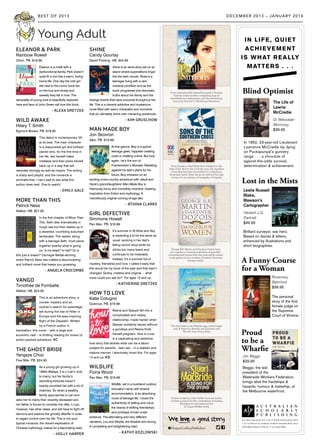 Young Adult
ELEANOR & PARK
Rainbow Rowell
Orion. PB. $19.99
Eleanor is a misfit with a
dysfunctional family. Park doesn’t
quite fit in but has a warm, loving
home life. One day the odd girl
sits next to the comic book fan
on the bus and slowly and
sweetly they fall in love. The
sensuality of young love is beautifully explored
here and fans of John Green will love this book.
- ALEXA DRETZKE
WILD AWAKE
Hilary T. Smith
Egmont Books. PB. $19.95
This debut is contemporary YA
at its best. The main character
is a responsible girl and brilliant
pianist who, for the first time in
her life, lets herself make
mistakes and then picks herself
back up in a way that will
resonate strongly as well as inspire. The writing
is sharp and playful, and the romance is
schmaltz-free. I can’t wait to see what this
author does next. One to watch!
- EMILY GALE
MORE THAN THIS
Patrick Ness
Walker. HB. $27.95
In the first chapter of More Than
This, Seth dies dramatically in
rough sea but then wakes up in
a deserted, crumbling suburban
landscape. The reader, along
with a teenage Seth, must piece
together exactly what is going
on. Is he dead? In hell? Or is
this just a dream? Carnegie Medal-winning
writer Patrick Ness has crafted a disconcerting
and brilliant novel that keeps you guessing.
- ANGELA CROCOMBE
VANGO
Timothée de Fombelle
Walker. HB. $24.95
This is an adventure story, a
murder mystery and an
orphan’s search for parentage,
set during the rise of Hitler in
Europe and the awe-inspiring
flight of the Zeppelin. Written
by a French author in
translation, this novel – with a large and
eccentric cast – is thrilling reading for lovers of
action-packed adventure. AC
THE GHOST BRIDE
Yangsze Choo
Five Mile. PB. $24.95
As a young girl growing up in
1890s Malaya, it is Li Lan’s duty
to marry, but her family’s
dwindling fortunes haven’t
exactly provided her with a lot of
matches. So when a wealthy
family approaches Li Lan and
asks her to marry their recently deceased son,
her father is forced to consider the offer. Li Lan,
however, has other ideas, and will have to fight off
demons and explore the ghostly afterlife in order
to regain control over her life. This is not your
typical romance; the vibrant exploration of
Chinese mythology makes for a fascinating read.
- HOLLY HARPER
SHINE
Candy Gourlay
David Fickling. HB. $24.95
Shine is an eerie story set on an
island where superstitions linger
like the dark clouds. Rosa is a
teenager living with a rare
medical condition and as the
book progresses she discovers
truths about her family and the
strange events that have occurred throughout her
life. This is a cleverly addictive and mysterious
novel filled with warm characters and moments
that do ultimately shine over menacing presences.
- KIM GRUSCHOW
MAN MADE BOY
Jon Skovron
A&U. PB. $19.99
At first glance, Boy is a typical
teenage geek, happiest creating
code or chatting online. But look
again: he’s the son of
Frankenstein’s Monster. Rebelling
against his dad’s plans for his
future, Boy embarks on an
exciting cross-country adventure with Jekyll and
Hyde’s granddaughters! Man Made Boy is
hilariously funny and incredibly inventive, drawing
inspiration from fiction and mythology. A
marvellously original coming-of-age tale.
- ATHINA CLARKE
GIRL DEFECTIVE
Simmone Howell
Pan Mac. PB. $16.99
It’s summer in St Kilda and Sky
is expecting it to be the same as
usual: working in her dad’s
failing record shop while he
drinks too many beers and
continues to be miserable.
Instead, it’s a summer full of
mystery, friendship and love. I called it early that
this would be my book of the year and that hasn’t
changed. Quirky, creative and original ... what
more could you ask for? For ages 15 and up.
- KATHERINE DRETZKE
HOW TO LOVE
Katie Cotugno
Quercus. PB. $16.99
Reena and Sawyer fall into a
complicated and messy
relationship, made harder when
Sawyer suddenly leaves without
a goodbye and Reena finds
herself pregnant. How to Love
is a captivating and addictive
love story that tackles what can be a taboo
subject for parents – teen sex – in a realistic and
mature manner. I absolutely loved this. For ages
14 and up. KD
WILDLIFE
Fiona Wood
Pan Mac. PB. $16.99
Wildlife, set in a bushland outdoor
education camp with shared
accommodation, is an absorbing
novel of teenage life. I loved the
authenticity of setting and voice,
the drama of shifting friendships
and portrayal of kids under
pressure. The alternating and very different
narrators, Lou and Sibylla, are likeable and strong.
A compelling and enlightening read.
- KATHY KOZLOWSKI
DECEMBER 2013 – JANUARY 2014BEST OF 2013
 