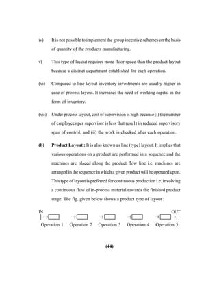 (44)
iv) It is not possible to implement the group incentive schemes on the basis
of quantity of the products manufacturing.
v) This type of layout requires more floor space than the product layout
because a distinct department established for each operation.
(vi) Compared to line layout inventory investments are usually higher in
case of process layout. It increases the need of working capital in the
form of inventory.
(vii) Under process layout, cost of supervision is high because (i) the number
of employees per supervisor is less that resu1t in reduced supervisory
span of control, and (ii) the work is checked after each operation.
(b) Product Layout : It is also known as line (type) layout. It implies that
various operations on a product are performed in a sequence and the
machines are placed along the product flow line i.e. machines are
arranged in the sequence in which a given product will be operated upon.
This type of layout is preferred for continuous production i.e. involving
a continuous flow of in-process material towards the finished product
stage. The fig. given below shows a product type of layout :
IN OUT
Operation 1 Operation 2 Operation 3 Operation 4 Operation 5
→ → → → → →
 