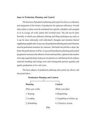 (71)
Steps in Production Planning and Control
The function of production planning and control involves co-ordination
and integration of the factors of production for optimum efficiency. Overall
sales orders or plans must be translated into specific schedules and assigned
so as to occupy all work centres but overload none. The job can be done
formally, in which case elaborate charting and filing techniques are used; or
it can be done informally with individual’s thoughts and retention thereof
supplantingtangibleaids.Inanycase,theproductionplanningandcontrolfunction
must be performed somehow by someone. The better the job that is done, the
better the profit picture will be. A successful production planning and control
programme minimizes the idleness of men and machines, optimizes the number
of set-ups required, keeps in process inventories at a satisfactory level, reduces
materials handling and storage costs and consequently permits quantity and
quality production at low unit costs.
The basic phases of production planning and control are shown and
discussed below :
Production Planning and Control
|
Planning Control
(Plan your work) (Work your plan)
1. Routing 4. Dispatching
2. Loading 5. Expediting or Follow up
3. Scheduling 6. Corrective Action
 