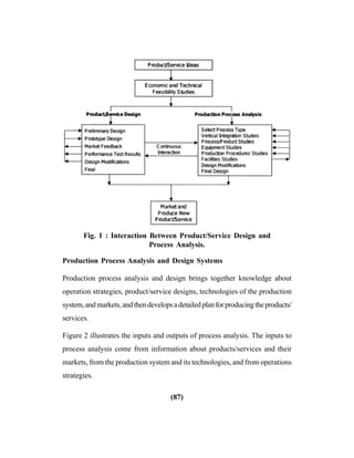 (87)
Fig. 1 : Interaction Between Product/Service Design and
Process Analysis.
Production Process Analysis and Design Systems
Production process analysis and design brings together knowledge about
operation strategies, product/service designs, technologies of the production
system,andmarkets,andthendevelopsadetailedplanforproducingtheproducts/
services.
Figure 2 illustrates the inputs and outputs of process analysis. The inputs to
process analysis come from information about products/services and their
markets, from the production system and its technologies, and from operations
strategies.
 