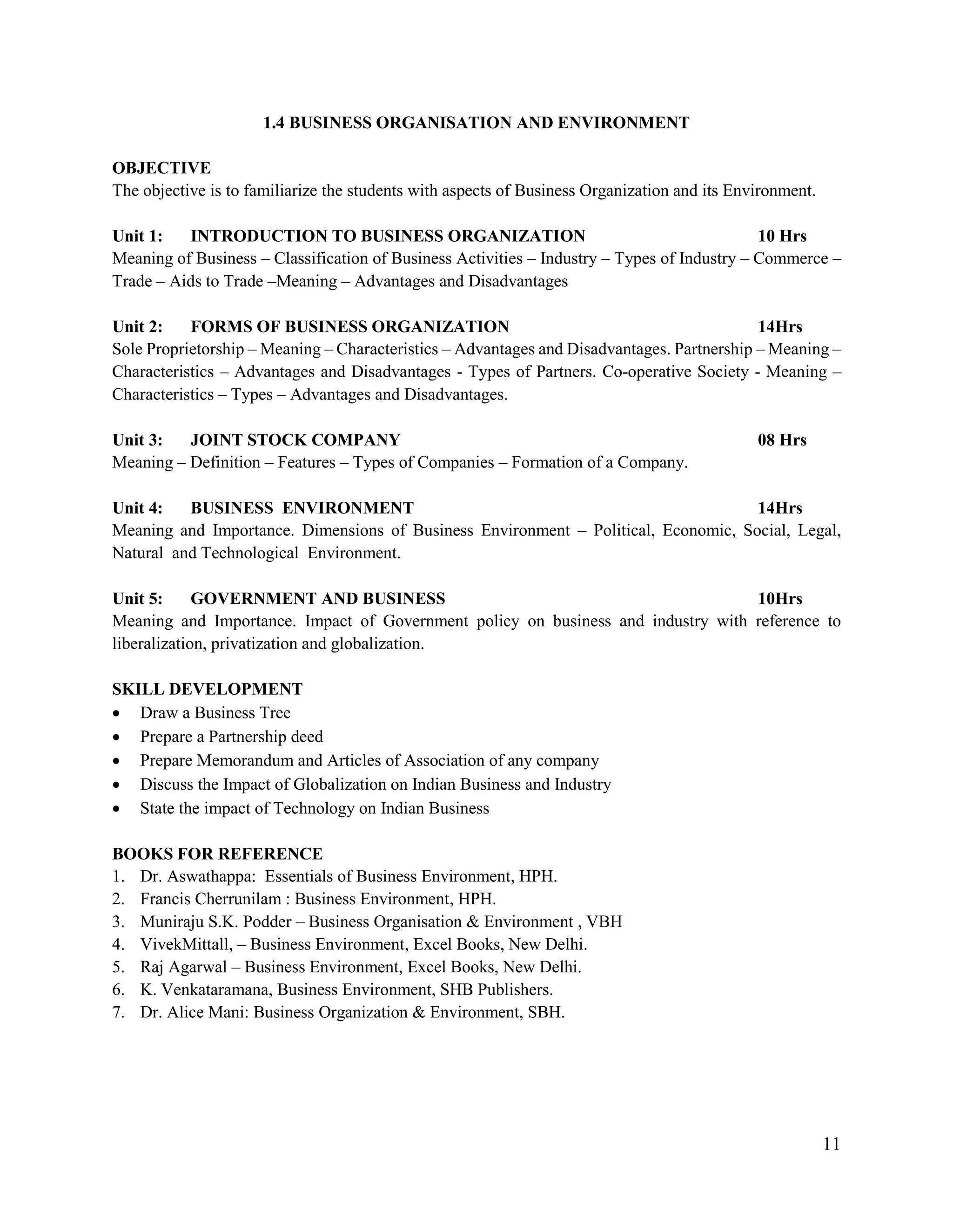11
1.4 BUSINESS ORGANISATION AND ENVIRONMENT
OBJECTIVE
The objective is to familiarize the students with aspects of Business Organization and its Environment.
Unit 1: INTRODUCTION TO BUSINESS ORGANIZATION 10 Hrs
Meaning of Business – Classification of Business Activities – Industry – Types of Industry – Commerce –
Trade – Aids to Trade –Meaning – Advantages and Disadvantages
Unit 2: FORMS OF BUSINESS ORGANIZATION 14Hrs
Sole Proprietorship – Meaning – Characteristics – Advantages and Disadvantages. Partnership – Meaning –
Characteristics – Advantages and Disadvantages - Types of Partners. Co-operative Society - Meaning –
Characteristics – Types – Advantages and Disadvantages.
Unit 3: JOINT STOCK COMPANY 08 Hrs
Meaning – Definition – Features – Types of Companies – Formation of a Company.
Unit 4: BUSINESS ENVIRONMENT 14Hrs
Meaning and Importance. Dimensions of Business Environment – Political, Economic, Social, Legal,
Natural and Technological Environment.
Unit 5: GOVERNMENT AND BUSINESS 10Hrs
Meaning and Importance. Impact of Government policy on business and industry with reference to
liberalization, privatization and globalization.
SKILL DEVELOPMENT
 Draw a Business Tree
 Prepare a Partnership deed
 Prepare Memorandum and Articles of Association of any company
 Discuss the Impact of Globalization on Indian Business and Industry
 State the impact of Technology on Indian Business
BOOKS FOR REFERENCE
1. Dr. Aswathappa: Essentials of Business Environment, HPH.
2. Francis Cherrunilam : Business Environment, HPH.
3. Muniraju S.K. Podder – Business Organisation & Environment , VBH
4. VivekMittall, – Business Environment, Excel Books, New Delhi.
5. Raj Agarwal – Business Environment, Excel Books, New Delhi.
6. K. Venkataramana, Business Environment, SHB Publishers.
7. Dr. Alice Mani: Business Organization & Environment, SBH.
 