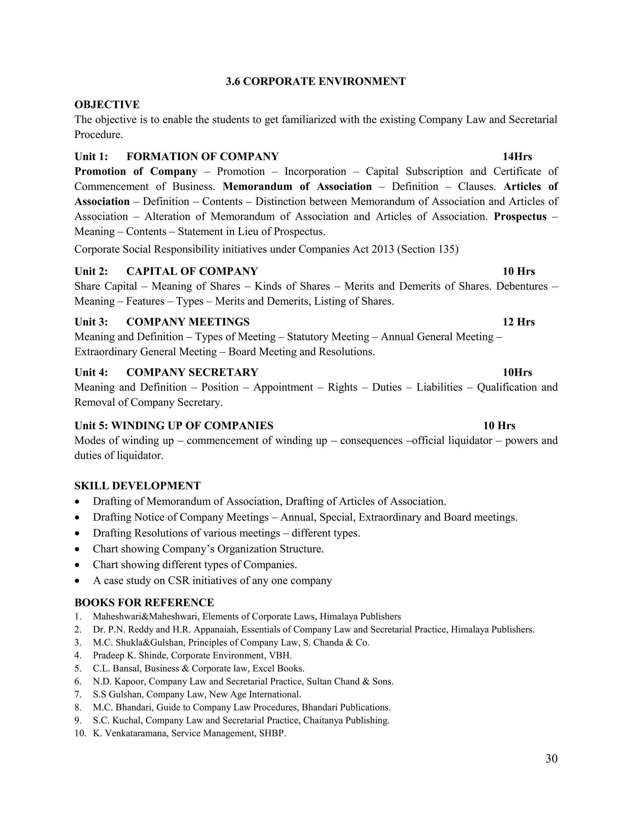 30
3.6 CORPORATE ENVIRONMENT
OBJECTIVE
The objective is to enable the students to get familiarized with the existing Company Law and Secretarial
Procedure.
Unit 1: FORMATION OF COMPANY 14Hrs
Promotion of Company – Promotion – Incorporation – Capital Subscription and Certificate of
Commencement of Business. Memorandum of Association – Definition – Clauses. Articles of
Association – Definition – Contents – Distinction between Memorandum of Association and Articles of
Association – Alteration of Memorandum of Association and Articles of Association. Prospectus –
Meaning – Contents – Statement in Lieu of Prospectus.
Corporate Social Responsibility initiatives under Companies Act 2013 (Section 135)
Unit 2: CAPITAL OF COMPANY 10 Hrs
Share Capital – Meaning of Shares – Kinds of Shares – Merits and Demerits of Shares. Debentures –
Meaning – Features – Types – Merits and Demerits, Listing of Shares.
Unit 3: COMPANY MEETINGS 12 Hrs
Meaning and Definition – Types of Meeting – Statutory Meeting – Annual General Meeting –
Extraordinary General Meeting – Board Meeting and Resolutions.
Unit 4: COMPANY SECRETARY 10Hrs
Meaning and Definition – Position – Appointment – Rights – Duties – Liabilities – Qualification and
Removal of Company Secretary.
Unit 5: WINDING UP OF COMPANIES 10 Hrs
Modes of winding up – commencement of winding up – consequences –official liquidator – powers and
duties of liquidator.
SKILL DEVELOPMENT
 Drafting of Memorandum of Association, Drafting of Articles of Association.
 Drafting Notice of Company Meetings – Annual, Special, Extraordinary and Board meetings.
 Drafting Resolutions of various meetings – different types.
 Chart showing Company‟s Organization Structure.
 Chart showing different types of Companies.
 A case study on CSR initiatives of any one company
BOOKS FOR REFERENCE
1. Maheshwari&Maheshwari, Elements of Corporate Laws, Himalaya Publishers
2. Dr. P.N. Reddy and H.R. Appanaiah, Essentials of Company Law and Secretarial Practice, Himalaya Publishers.
3. M.C. Shukla&Gulshan, Principles of Company Law, S. Chanda & Co.
4. Pradeep K. Shinde, Corporate Environment, VBH.
5. C.L. Bansal, Business & Corporate law, Excel Books.
6. N.D. Kapoor, Company Law and Secretarial Practice, Sultan Chand & Sons.
7. S.S Gulshan, Company Law, New Age International.
8. M.C. Bhandari, Guide to Company Law Procedures, Bhandari Publications.
9. S.C. Kuchal, Company Law and Secretarial Practice, Chaitanya Publishing.
10. K. Venkataramana, Service Management, SHBP.
 