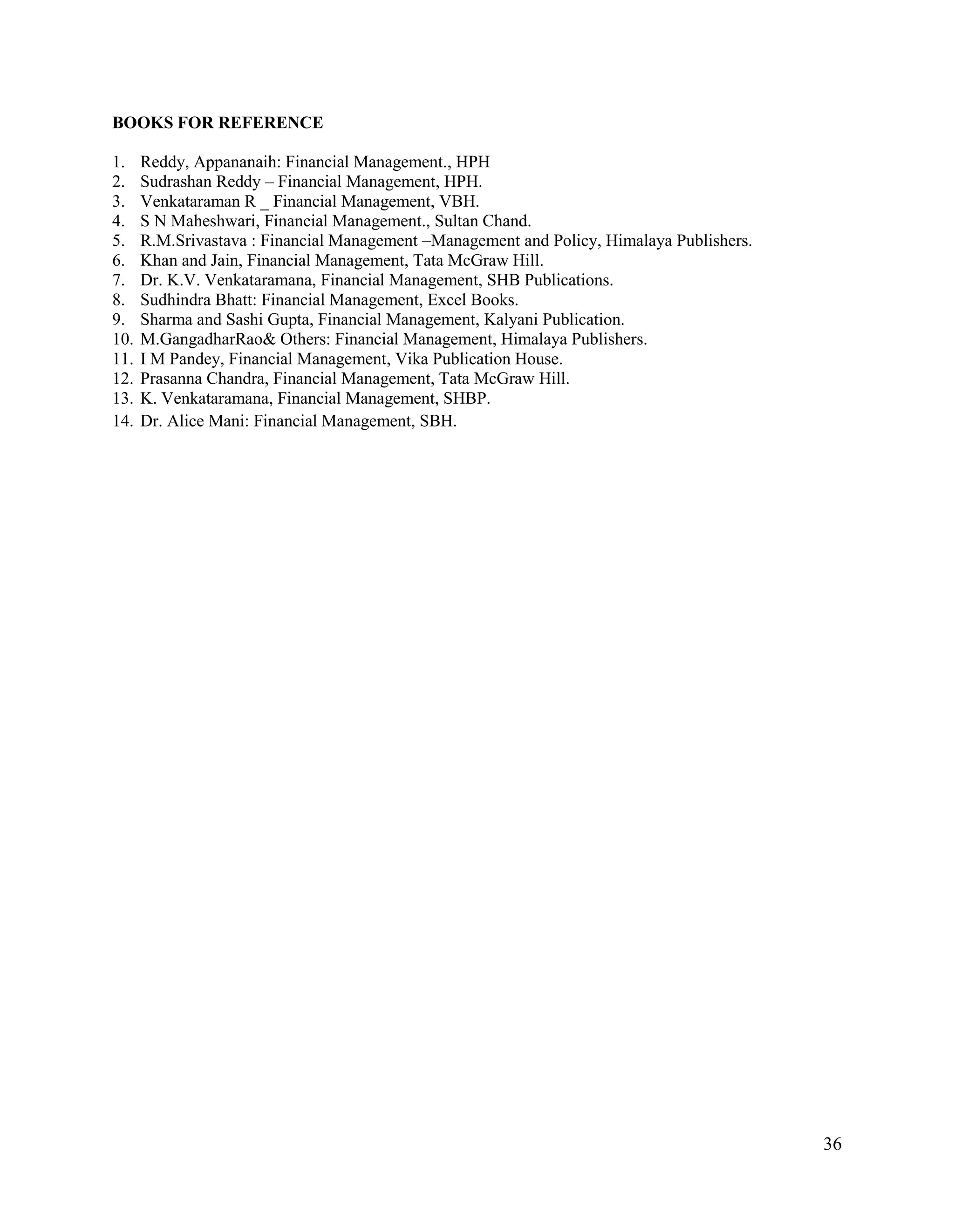 36
BOOKS FOR REFERENCE
1. Reddy, Appananaih: Financial Management., HPH
2. Sudrashan Reddy – Financial Management, HPH.
3. Venkataraman R _ Financial Management, VBH.
4. S N Maheshwari, Financial Management., Sultan Chand.
5. R.M.Srivastava : Financial Management –Management and Policy, Himalaya Publishers.
6. Khan and Jain, Financial Management, Tata McGraw Hill.
7. Dr. K.V. Venkataramana, Financial Management, SHB Publications.
8. Sudhindra Bhatt: Financial Management, Excel Books.
9. Sharma and Sashi Gupta, Financial Management, Kalyani Publication.
10. M.GangadharRao& Others: Financial Management, Himalaya Publishers.
11. I M Pandey, Financial Management, Vika Publication House.
12. Prasanna Chandra, Financial Management, Tata McGraw Hill.
13. K. Venkataramana, Financial Management, SHBP.
14. Dr. Alice Mani: Financial Management, SBH.
 