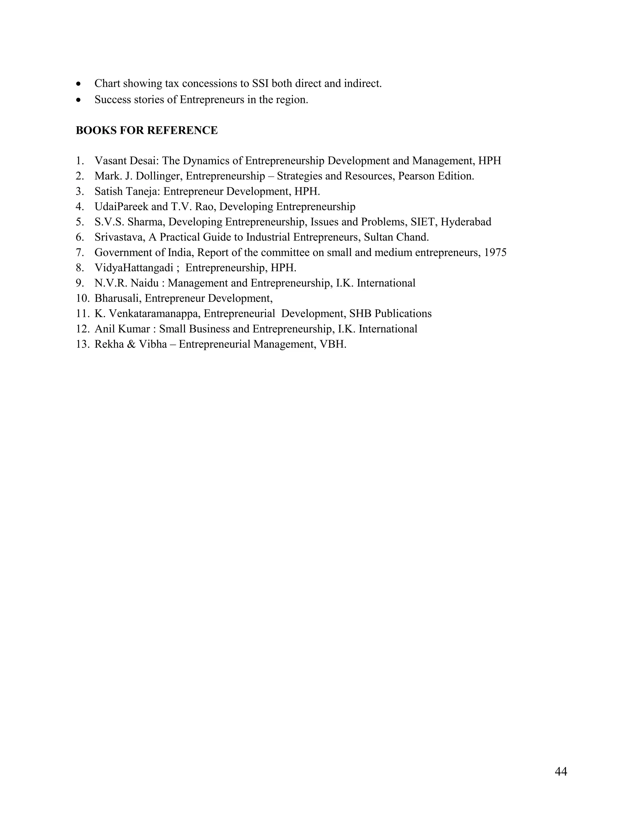44
 Chart showing tax concessions to SSI both direct and indirect.
 Success stories of Entrepreneurs in the region.
BOOKS FOR REFERENCE
1. Vasant Desai: The Dynamics of Entrepreneurship Development and Management, HPH
2. Mark. J. Dollinger, Entrepreneurship – Strategies and Resources, Pearson Edition.
3. Satish Taneja: Entrepreneur Development, HPH.
4. UdaiPareek and T.V. Rao, Developing Entrepreneurship
5. S.V.S. Sharma, Developing Entrepreneurship, Issues and Problems, SIET, Hyderabad
6. Srivastava, A Practical Guide to Industrial Entrepreneurs, Sultan Chand.
7. Government of India, Report of the committee on small and medium entrepreneurs, 1975
8. VidyaHattangadi ; Entrepreneurship, HPH.
9. N.V.R. Naidu : Management and Entrepreneurship, I.K. International
10. Bharusali, Entrepreneur Development,
11. K. Venkataramanappa, Entrepreneurial Development, SHB Publications
12. Anil Kumar : Small Business and Entrepreneurship, I.K. International
13. Rekha & Vibha – Entrepreneurial Management, VBH.
 