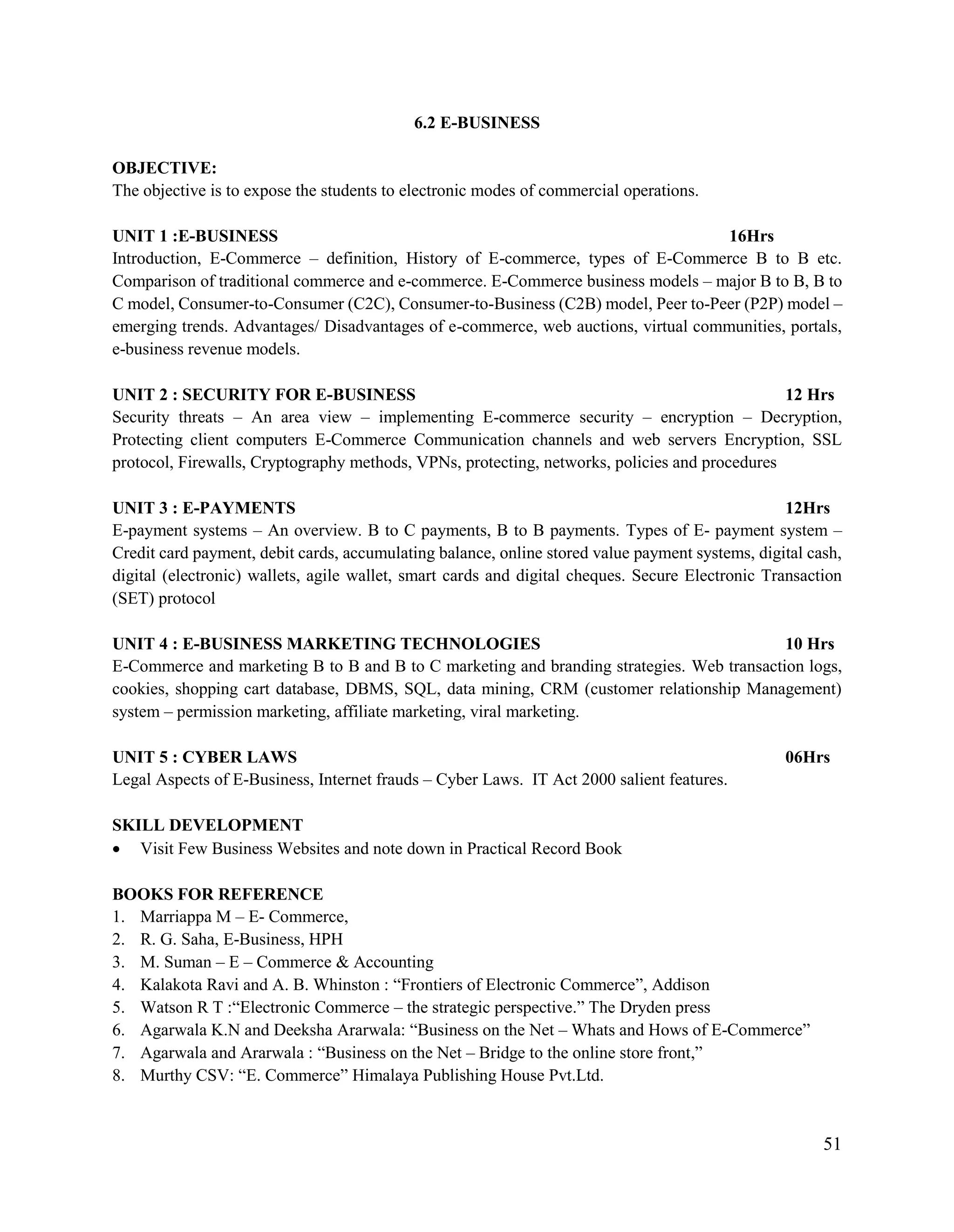 51
6.2 E-BUSINESS
OBJECTIVE:
The objective is to expose the students to electronic modes of commercial operations.
UNIT 1 :E-BUSINESS 16Hrs
Introduction, E-Commerce – definition, History of E-commerce, types of E-Commerce B to B etc.
Comparison of traditional commerce and e-commerce. E-Commerce business models – major B to B, B to
C model, Consumer-to-Consumer (C2C), Consumer-to-Business (C2B) model, Peer to-Peer (P2P) model –
emerging trends. Advantages/ Disadvantages of e-commerce, web auctions, virtual communities, portals,
e-business revenue models.
UNIT 2 : SECURITY FOR E-BUSINESS 12 Hrs
Security threats – An area view – implementing E-commerce security – encryption – Decryption,
Protecting client computers E-Commerce Communication channels and web servers Encryption, SSL
protocol, Firewalls, Cryptography methods, VPNs, protecting, networks, policies and procedures
UNIT 3 : E-PAYMENTS 12Hrs
E-payment systems – An overview. B to C payments, B to B payments. Types of E- payment system –
Credit card payment, debit cards, accumulating balance, online stored value payment systems, digital cash,
digital (electronic) wallets, agile wallet, smart cards and digital cheques. Secure Electronic Transaction
(SET) protocol
UNIT 4 : E-BUSINESS MARKETING TECHNOLOGIES 10 Hrs
E-Commerce and marketing B to B and B to C marketing and branding strategies. Web transaction logs,
cookies, shopping cart database, DBMS, SQL, data mining, CRM (customer relationship Management)
system – permission marketing, affiliate marketing, viral marketing.
UNIT 5 : CYBER LAWS 06Hrs
Legal Aspects of E-Business, Internet frauds – Cyber Laws. IT Act 2000 salient features.
SKILL DEVELOPMENT
 Visit Few Business Websites and note down in Practical Record Book
BOOKS FOR REFERENCE
1. Marriappa M – E- Commerce,
2. R. G. Saha, E-Business, HPH
3. M. Suman – E – Commerce & Accounting
4. Kalakota Ravi and A. B. Whinston : “Frontiers of Electronic Commerce”, Addison
5. Watson R T :“Electronic Commerce – the strategic perspective.” The Dryden press
6. Agarwala K.N and Deeksha Ararwala: “Business on the Net – Whats and Hows of E-Commerce”
7. Agarwala and Ararwala : “Business on the Net – Bridge to the online store front,”
8. Murthy CSV: “E. Commerce” Himalaya Publishing House Pvt.Ltd.
 
