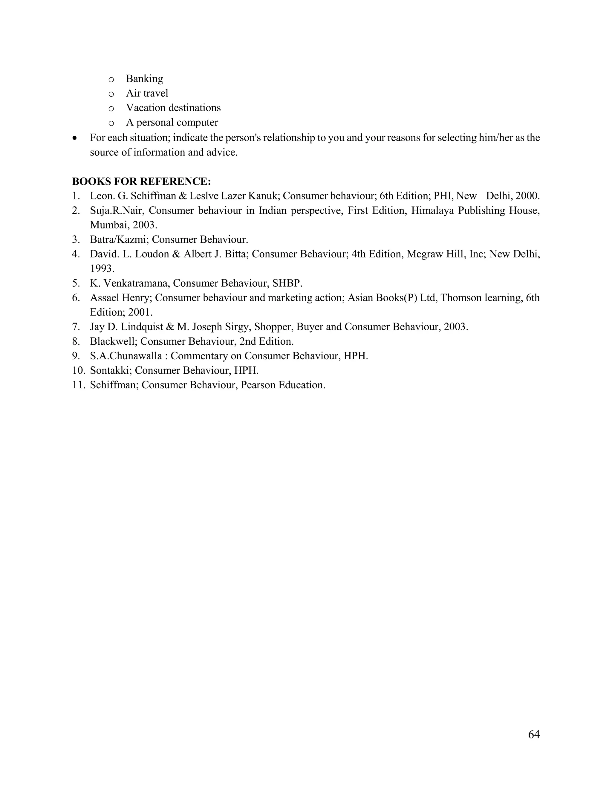 64
o Banking
o Air travel
o Vacation destinations
o A personal computer
 For each situation; indicate the person's relationship to you and your reasons for selecting him/her as the
source of information and advice.
BOOKS FOR REFERENCE:
1. Leon. G. Schiffman & Leslve Lazer Kanuk; Consumer behaviour; 6th Edition; PHI, New Delhi, 2000.
2. Suja.R.Nair, Consumer behaviour in Indian perspective, First Edition, Himalaya Publishing House,
Mumbai, 2003.
3. Batra/Kazmi; Consumer Behaviour.
4. David. L. Loudon & Albert J. Bitta; Consumer Behaviour; 4th Edition, Mcgraw Hill, Inc; New Delhi,
1993.
5. K. Venkatramana, Consumer Behaviour, SHBP.
6. Assael Henry; Consumer behaviour and marketing action; Asian Books(P) Ltd, Thomson learning, 6th
Edition; 2001.
7. Jay D. Lindquist & M. Joseph Sirgy, Shopper, Buyer and Consumer Behaviour, 2003.
8. Blackwell; Consumer Behaviour, 2nd Edition.
9. S.A.Chunawalla : Commentary on Consumer Behaviour, HPH.
10. Sontakki; Consumer Behaviour, HPH.
11. Schiffman; Consumer Behaviour, Pearson Education.
 