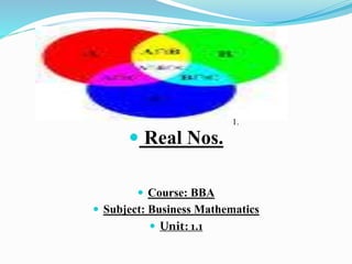  Real Nos.
 Course: BBA
 Subject: Business Mathematics
 Unit: 1.1
1.
 