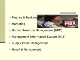 Finance & Banking Marketing Human Resource Management (HRM) Management Information System (MIS) Supply Chain Management Hospital Management 