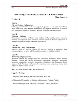 Page 11 of 41
BBA School of Management, BBD University
Ver 1.0 Effective from 1st
July 2011
BBA 104: QUANTITATIVE ANALYSIS FOR MANAGEMENT
Max. Hours: 40
Credits - 4
Unit I:
Sets and Business Mathematics:
Set theory, form of writing a set, subset, equal set, operation on set: complement of a set,
union, intersection, Venn-diagram, diagrammatic and graphical presentation of statistical
data, bar diagram, histogram, frequency polygon, frequency curve, ogive curve.
Unit II:
Elementary Statistics:
Measurement of central tendency: Mean median, mode, quartile, deciles, percentile,
measures of dispersion: mean deviation, standard deviation, business application of
statistical tools and techniques. Skewness and Kurtosis.
Unit III:
Matrices and Linear Programming:
Matrices, types of matrices, algebra of matrices, solution of equations, linear
programming (two variables only) formulation, solution by graphical method.
Unit IV:
Probability and progressions:
Definition, addition and multiplication rule, conditional probability, Bayes’ theorem,
binomial, Poisson and normal distribution. Progression: arithmetic progression,
geometric progression, harmonic progression. Correlation and Regression Scatter
diagram, Karl Pearson’s coefficient of correlation, rank correlation, simple linear
regression, method of least square.
Note: 50% of the questions asked will be theoretical.
Suggested Readings:
1. Calculus: Shanti Narayan: S. Chand Publication, New Delhi
2. Mathematical Foundation for Business Administration: Pundir & Pundir,
3. Financial Management: R.P. Rustagi, Sultan Chand & Sons, New Delhi.
 