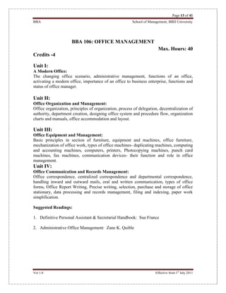 Page 13 of 41
BBA School of Management, BBD University
Ver 1.0 Effective from 1st
July 2011
BBA 106: OFFICE MANAGEMENT
Max. Hours: 40
Credits -4
Unit I:
A Modern Office:
The changing office scenario, administrative management, functions of an office,
activating a modern office, importance of an office to business enterprise, functions and
status of office manager.
Unit II:
Office Organization and Management:
Office organization, principles of organization, process of delegation, decentralization of
authority, department creation, designing office system and procedure flow, organization
charts and manuals, office accommodation and layout.
Unit III:
Office Equipment and Management:
Basic principles in section of furniture, equipment and machines, office furniture,
mechanization of office work, types of office machines- duplicating machines, computing
and accounting machines, computers, printers, Photocopying machines, punch card
machines, fax machines, communication devices- their function and role in office
management.
Unit IV:
Office Communication and Records Management:
Office correspondence, centralized correspondence and departmental correspondence,
handling inward and outward mails, oral and written communication, types of office
forms, Office Report Writing, Precise writing, selection, purchase and storage of office
stationary, data processing and records management, filing and indexing, paper work
simplification.
Suggested Readings:
1. Definitive Personal Assistant & Secretarial Handbook: Sue France
2. Administrative Office Management: Zane K. Quible
 