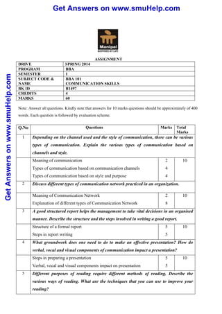 Get Answers on www.smuHelp.comGetAnswersonwww.smuHelp.com
ASSIGNMENT
DRIVE SPRING 2014
PROGRAM BBA
SEMESTER 1
SUBJECT CODE &
NAME
BBA 101
COMMUNICATION SKILLS
BK ID B1497
CREDITS 4
MARKS 60
Note: Answer all questions. Kindly note that answers for 10 marks questions should be approximately of 400
words. Each question is followed by evaluation scheme.
Q.No Questions Marks Total
Marks
1 Depending on the channel used and the style of communication, there can be various
types of communication. Explain the various types of communication based on
channels and style.
Meaning of communication
Types of communication based on communication channels
Types of communication based on style and purpose
2
4
4
10
2 Discuss different types of communication network practiced in an organization.
Meaning of Communication Network
Explanation of different types of Communication Network
2
8
10
3 A good structured report helps the management to take vital decisions in an organised
manner. Describe the structure and the steps involved in writing a good report.
Structure of a formal report
Steps in report writing
5
5
10
4 What groundwork does one need to do to make an effective presentation? How do
verbal, vocal and visual components of communication impact a presentation?
Steps in preparing a presentation
Verbal, vocal and visual components impact on presentation
5
5
10
5 Different purposes of reading require different methods of reading. Describe the
various ways of reading. What are the techniques that you can use to improve your
reading?
 