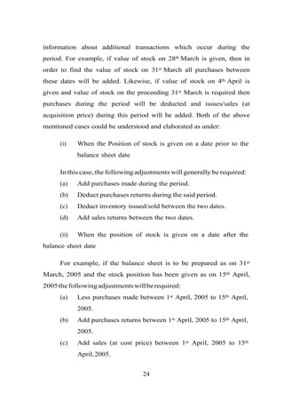 information about additional transactions which occur during the
period. For example, if value of stock on 28th March is given, then in
order to find the value of stock on 31st March all purchases between
these dates will be added. Likewise, if value of stock on 4th April is
given and value of stock on the proceeding 31st March is required then
purchases during the period will be deducted and issues/sales (at
acquisition price) during this period will be added. Both of the above
mentioned cases could be understood and elaborated as under:
(i) When the Position of stock is given on a date prior to the
balance sheet date
In this case, the following adjustments will generally be required:
(a) Add purchases made during the period.
(b) Deduct purchases returns during the said period.
(c) Deduct inventory issued/sold between the two dates.
(d) Add sales returns between the two dates.
(ii) When the position of stock is given on a date after the
balance sheet date
For example, if the balance sheet is to be prepared as on 31st
March, 2005 and the stock position has been given as on 15th April,
2005thefollowingadjustmentswillberequired:
(a) Less purchases made between 1st April, 2005 to 15th April,
2005.
(b) Add purchases returns between 1st April, 2005 to 15th April,
2005.
(c) Add sales (at cost price) between 1st April, 2005 to 15th
April,2005.
24
 