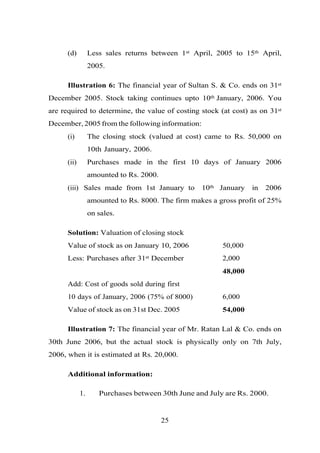 (d) Less sales returns between 1st April, 2005 to 15th April,
2005.
Illustration 6: The financial year of Sultan S. & Co. ends on 31st
December 2005. Stock taking continues upto 10th January, 2006. You
are required to determine, the value of costing stock (at cost) as on 31st
December, 2005 from the following information:
(i) The closing stock (valued at cost) came to Rs. 50,000 on
10th January, 2006.
(ii) Purchases made in the first 10 days of January 2006
amounted to Rs. 2000.
(iii) Sales made from 1st January to 10th January in 2006
amounted to Rs. 8000. The firm makes a gross profit of 25%
on sales.
Solution: Valuation of closing stock
Value of stock as on January 10, 2006 50,000
Less: Purchases after 31st December 2,000
48,000
Add: Cost of goods sold during first
10 days of January, 2006 (75% of 8000) 6,000
Value of stock as on 31st Dec. 2005 54,000
Illustration 7: The financial year of Mr. Ratan Lal & Co. ends on
30th June 2006, but the actual stock is physically only on 7th July,
2006, when it is estimated at Rs. 20,000.
Additional information:
1. Purchases between 30th June and July are Rs. 2000.
25
 