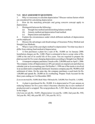 7.11 SELF ASSESSMENT QUESTIONS
1. Why is it necessary to calculate depreciation ? Discuss various factors which
are considered for calculating depreciation
2. How do the matching principle and going concern concept apply to
depreciation.
3. Distinguish between the following :
(a) Straight line method and diminishing balance method.
(b) Annuity method and depreciation Fund method.
(c) Depreciation and depletion
4. Explain the circumstances under which different methods of depreciation
can be employed.
5. Discuss the advantages and disadvantage of Insurance Policy Method and
Straight Line Methods.
6. What is 'sum of the year-digits method' to depreciation ? In what way does it
differ from sinking fund method of depreciation
7. A firm purchases a plant for a sum of Rs. 10,000 on 1st January 2000.
Installation charges are Rs. 2,000. Plant is estimated to have a scrap value of Rs.
1,000 at the end of its useful life of five years. You are required to prepare the
plant account for five years charging depreciation according to Straight Line Method
8. A transport company purchases 5 trucks at Rs. 2,00,000 each on April 1, 2006.
The company writes off depreciation @ 20% per annum on original cost and observes
calendar year as its accounting year. On October 1, 1998 one of the trucks is involved
in an accident and is completely destroyed. Insurance company pays Rs. 90,000 in full
settlement of claim. On the same day, the company purchases a used truck for Rs.
1,00,000 and spends Rs. 20,000 on its overhauling. Prepare Truck Account for the
three years ending on 31st December 2005.
[Loss on one truck Rs. 10,000, BookValue–Old trucks Rs. 3,60,000, NewTruck Rs. 1,14,000].
9. A plant is purchased for Rs. 20,000. It is depreciated at 5% per annum on
reducing balance for five years when it becomes obsolete due to new method of
production and is scrapped. The scrap produces Rs. 5,385. Show the plant account
in the ledger.
(An Loss on sale Rs. 10,091; Depreciation 1st year Rs. 1,000; 2nd years Rs. 950;
3rd year Rs. 902; 4th year RS. 857; 5th year Rs. 815.)
(32)
 