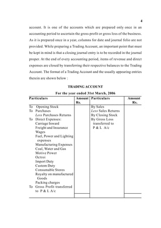 4
account. It is one of the accounts which are prepared only once in an
accounting period to ascertain the gross profit or gross loss of the business.
As it is prepared once in a year, columns for date and journal folio are not
provided. While preparing a Trading Account, an important point that must
be kept in mind is that a closing journal entry is to be recorded in the journal
proper. At the end of every accounting period, items of revenue and direct
expenses are closed by transferring their respective balances to the Trading
Account. The format of a Trading Account and the usually appearing entries
therein are shown below :
TRADING ACCOUNT
For the year ended 31st March, 2006
Particulars Amount
Rs.
Particulars Amount
Rs.
To Opening Stock
To Purchases
Less Purchases Returns
To Direct Expenses:
Carriage Inward
Freight and Insurance
Wages
Fuel, Power and Lighting
expenses
Manufacturing Expenses
Coal, Water and Gas
Motive Power
Octroi
Import Duty
Custom Duty
Consumable Stores
Royalty on manufactured
Goods
Packing charges
To Gross Profit transferred
to P & L A/c
By Sales
Less Sales Returns
By Closing Stock
By Gross Loss
transferred to
P & L A/c
 