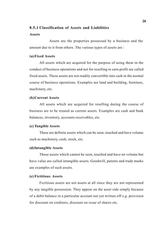 20
8.5.1 Classification of Assets and Liabilities
Assets
Assets are the properties possessed by a business and the
amount due to it from others. The various types of assets are :
(a) Fixed Assets
All assets which are acquired for the purpose of using them in the
conduct of business operations and not for reselling to earn profit are called
fixed assets. These assets are not readily convertible into cash in the normal
course of business operations. Examples are land and building, furniture,
machinery, etc.
(b)Current Assets
All assets which are acquired for reselling during the course of
business are to be treated as current assets. Examples are cash and bank
balances, inventory, accounts receivables, etc.
(c) Tangible Assets
These are definite assets which can be seen, touched and have volume
such as machinery, cash, stock, etc.
(d)Intangible Assets
Those assets which cannot be seen, touched and have no volume but
have value are called intangible assets. Goodwill, patents and trade marks
are examples of such assets.
(e) Fictitious Assets
Fictitious assets are not assets at all since they are not represented
by any tangible possession. They appear on the asset side simply because
of a debit balance in a particular account not yet written off e.g. provision
for discount on creditors, discount on issue of shares etc.
 
