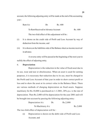 29
account, the following adjusting entry will be made at the end of the accounting
year :
Rent A/c Dr. Rs. 600
To Rent Received inAdvanceAccount Rs. 600
The two-fold effect of this adjustment will be :
(i) It is shown on the credit side of Profit and Loss Account by way of
deduction from the income, and
(ii) It is shown on the liabilities side of the Balance sheet as income received
in advance.
A reverse entry will be passed at the beginning of the next year to
nullify the effect of adjusting entry.
6. Depreciation
Depreciation is the reduction in the value of fixed asset due to
its use, wear and tear or obsolescence. When an asset is used for earning
purposes, it is necessary that reduction due to its use, must be charged to
the Profit and Loss Account of that year in order to show correct profit or
loss and to show the asset at its correct value in the Balance Sheet. There
are various methods of charging depreciation on fixed assets. Suppose
machinery for Rs.10,000 is purchased on 1.1.2001, 20% p.a. is the rate of
depreciation. Then Rs.2,000 will be depreciation for the year 2001 and will
be brought into account by passing the following adjusting entry :
Depreciation A/c Dr. Rs.2,000
To Machinery A/c Rs.2,000
The two-fold effect of depreciation will be :
(i) Depreciation is shown on the debit side of Profit and Loss
Account, and
 