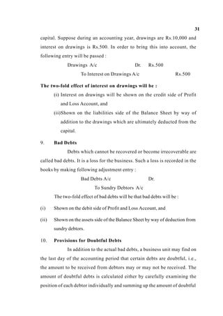 31
capital. Suppose during an accounting year, drawings are Rs.10,000 and
interest on drawings is Rs.500. In order to bring this into account, the
following entry will be passed :
Drawings A/c Dr. Rs.500
To Interest on Drawings A/c Rs.500
The two-fold effect of interest on drawings will be :
(i) Interest on drawings will be shown on the credit side of Profit
and Loss Account, and
(ii)Shown on the liabilities side of the Balance Sheet by way of
addition to the drawings which are ultimately deducted from the
capital.
9. Bad Debts
Debts which cannot be recovered or become irrecoverable are
called bad debts. It is a loss for the business. Such a loss is recorded in the
books by making following adjustment entry :
Bad Debts A/c Dr.
To Sundry Debtors A/c
The two-fold effect of bad debts will be that bad debts will be :
(i) Shown on the debit side of Profit and Loss Account, and
(ii) Shown on the assets side of the Balance Sheet by way of deduction from
sundry debtors.
10. Provisions for Doubtful Debts
In addition to the actual bad debts, a business unit may find on
the last day of the accounting period that certain debts are doubtful, i.e.,
the amount to be received from debtors may or may not be received. The
amount of doubtful debts is calculated either by carefully examining the
position of each debtor individually and summing up the amount of doubtful
 