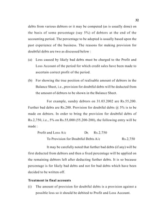 32
debts from various debtors or it may be computed (as is usually done) on
the basis of some percentage (say 5%) of debtors at the end of the
accounting period. The percentage to be adopted is usually based upon the
past experience of the business. The reasons for making provision for
doubtful debts are two as discussed below :
(a) Loss caused by likely bad debts must be charged to the Profit and
Loss Account of the period for which credit sales have been made to
ascertain correct profit of the period.
(b) For showing the true position of realisable amount of debtors in the
Balance Sheet, i.e., provision for doubtful debts will be deducted from
the amount of debtors to be shown in the Balance Sheet.
For example, sundry debtors on 31.03.2002 are Rs.55,200.
Further bad debts are Rs.200. Provision for doubtful debts @ 5% is to be
made on debtors. In order to bring the provision for doubtful debts of
Rs.2,750, i.e., 5% on Rs.55,000 (55,200-200), the following entry will be
made :
Profit and Loss A/c Dr. Rs.2,750
To Provision for Doubtful Debts A/c Rs.2,750
It may be carefully noted that further bad debts (if any) will be
first deducted from debtors and then a fixed percentage will be applied on
the remaining debtors left after deducting further debts. It is so because
percentage is for likely bad debts and not for bad debts which have been
decided to be written off.
Treatment in final accounts
(i) The amount of provision for doubtful debts is a provision against a
possible loss so it should be debited to Profit and Loss Account.
 